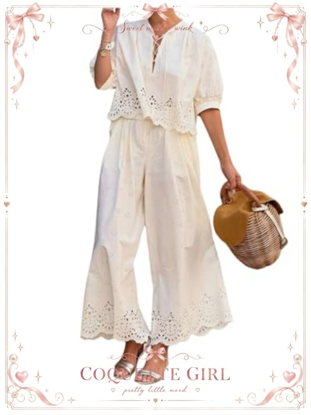 Women's 2 Piece Eyelet Puff Sleeve Blouse Wide Leg Pants Set Vacation Outfit